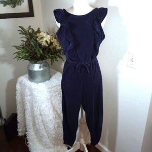 EPIC THREADS NAVY RUFFLE VELVET JUMPSUIT SZ.L EUC.